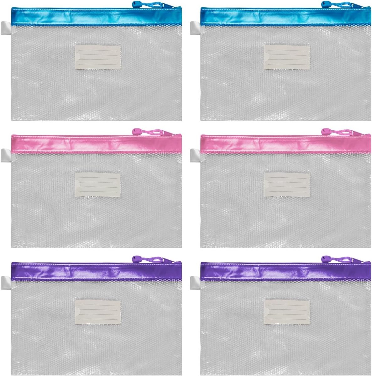 6-delige Mesh Documententas Set met PVC Rits, Schrijfbare Labels en Doorzichtige Pennentas voor Organisatie en Opslag