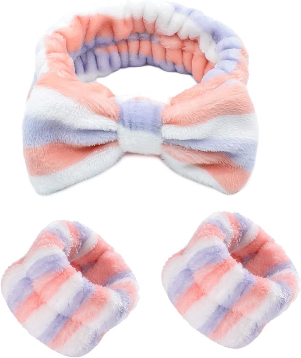Set van 3 Cosmetische Hoofdbanden en Polsbanden - Zachte Elastische Haarbanden, Waterdichte Make-up Accessoires en Bow Tie Design