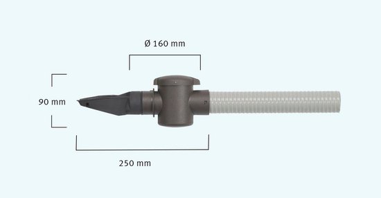 Raccord de descente de gouttière gris avec tuyau flexible. Dimensions Ø 160 mm, 90 mm et 250 mm.