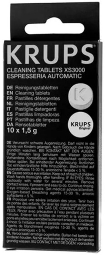 Verpakking met Krups reinigingstabletten met waarschuwingen.