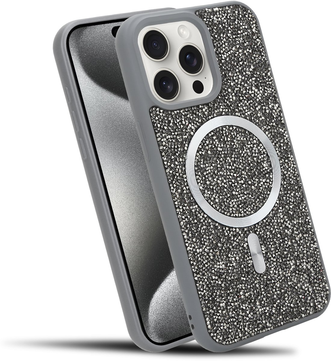 Hoesje geschikt voor iPhone 15 PRO in Grijs Diamant Glitter Stijl