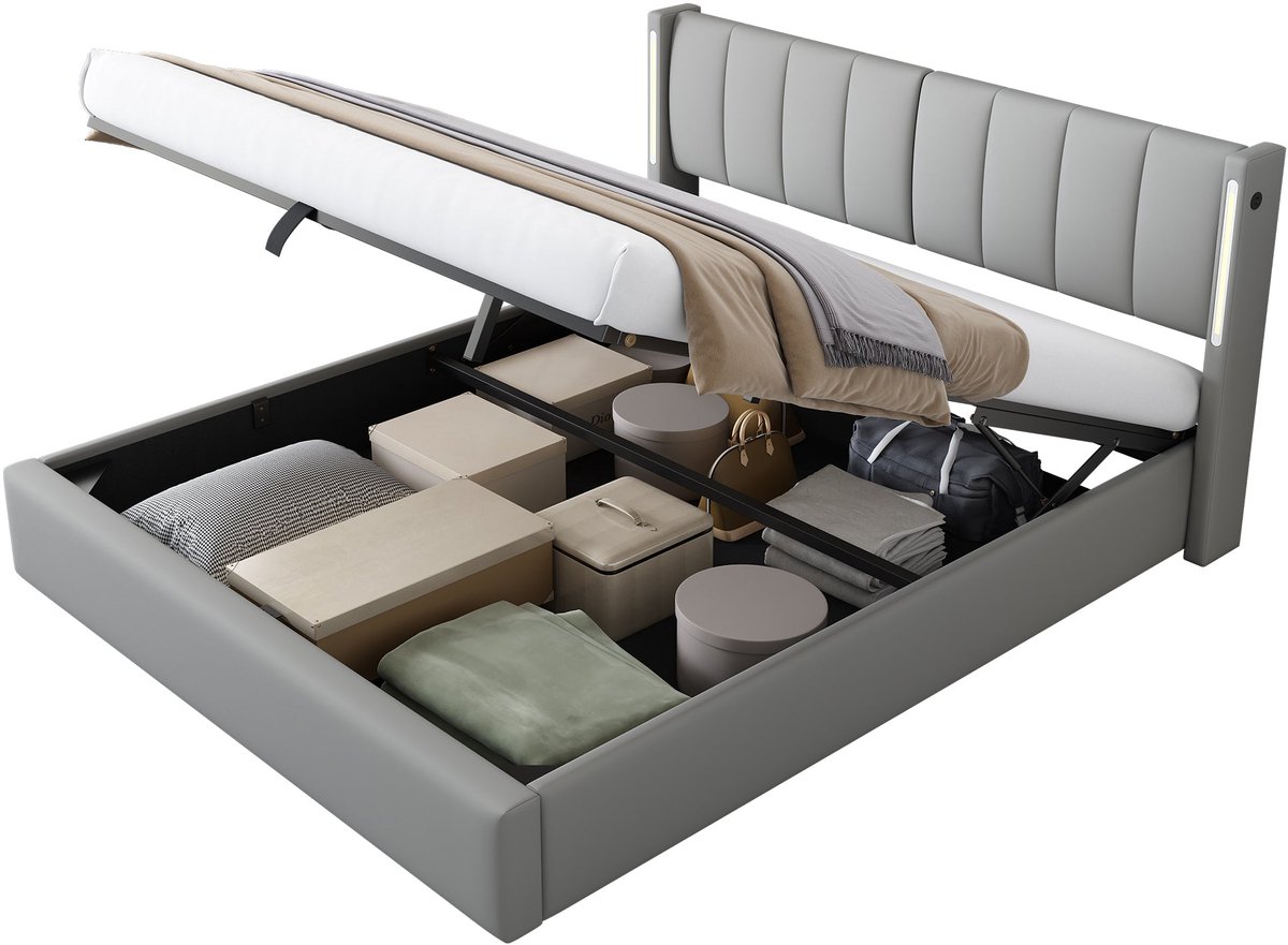 Merax Kunstleer Gestoffeerd Bed 180x200 cm - Bed met Opbergruimte - LED Verlichting met Afstandsbediening - Verstelbaar Hoofdbord - Grijs