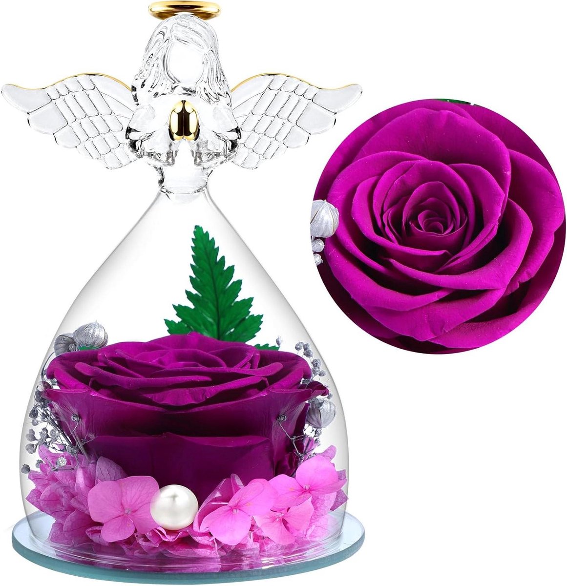 Engel met Roos - Eeuwige Roos - Cadeau Geven - Handgemaakt Decoratief - 13 x 12 x 13 cm - Gekleurd