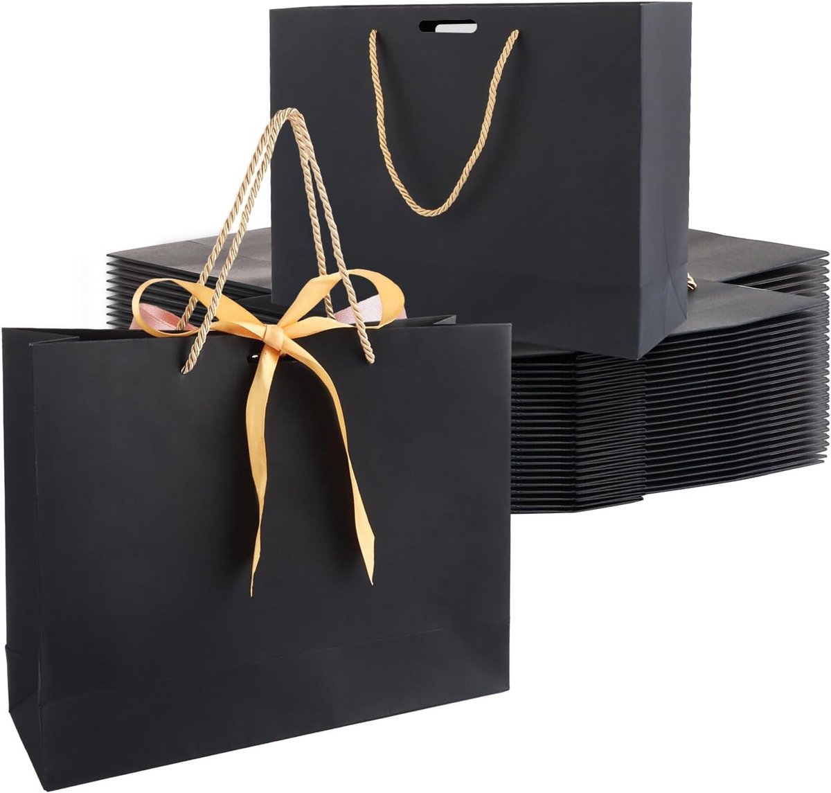 Set van 24 Zwarte Cadeautassen met Gouden Ribbons - Grote Tassen voor Bruiloft, Kerst en Feestjes, 30 x 10 x 25 cm met Handvat