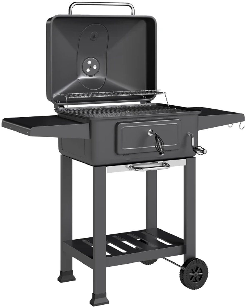 Premie Houtskool Barbecue - Smoker Barbecue - in Hoogte Verstelbaar - Barbecuegrill - Grillwagen - Houtskoolgrill - Houtskoolgrill met Deksel, Thermometer, Wielen, Bijzettafel & Handgreep - BBQ voor buiten, tuin - Zwart