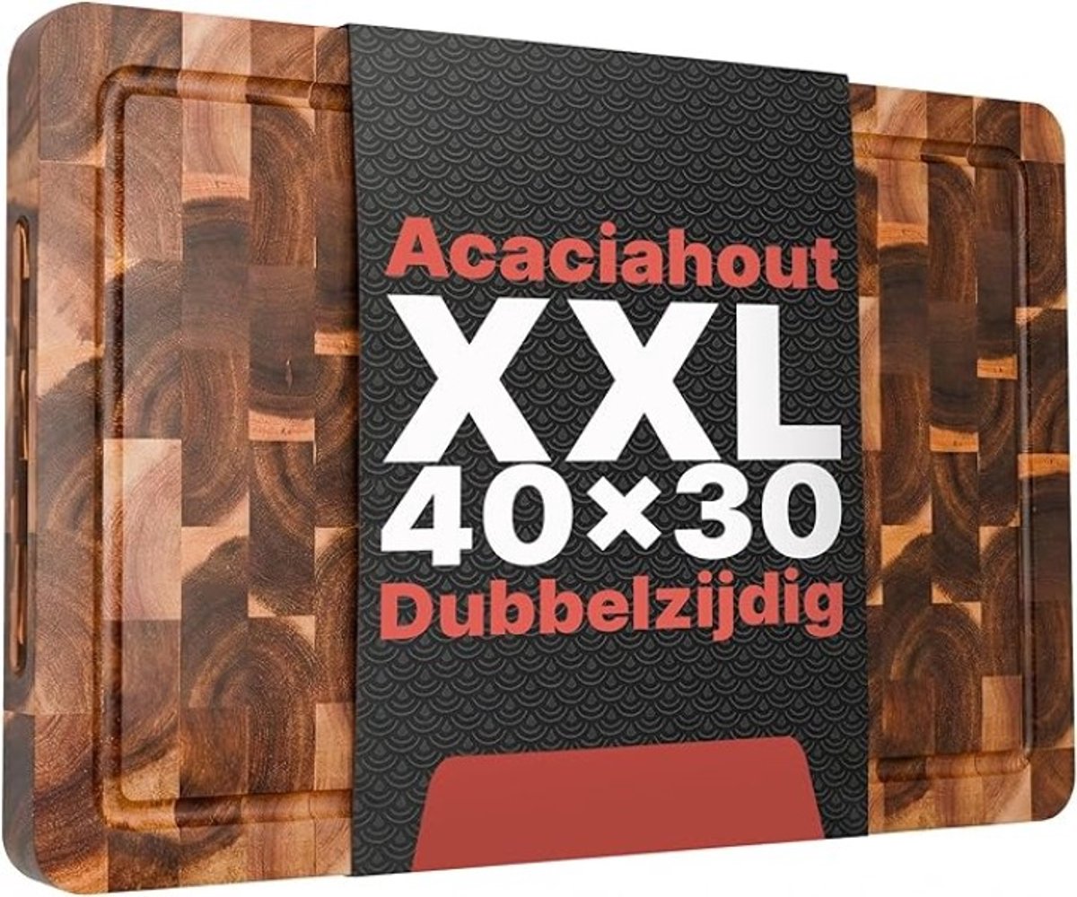 Acaciahouten snijplank met handgrepen en sapgroef - Dubbelzijdig keukenbord