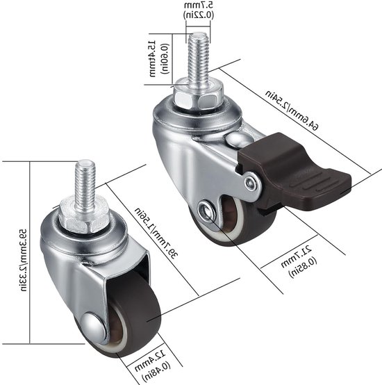 Zilverkleurig wiel met donker remhendel, met afmetingen en schroefdraad.
