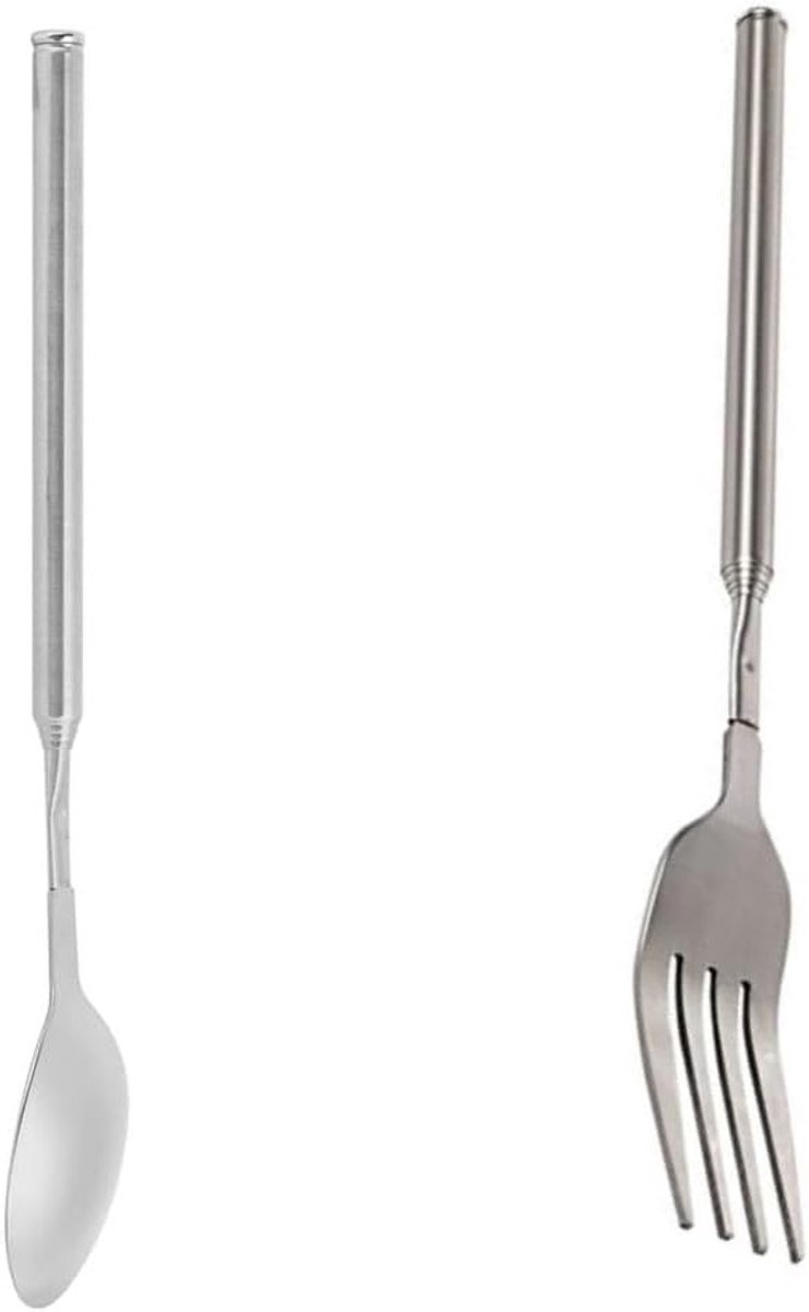 Verstelbare RVS Vork en Lepel, 64 cm en 62 cm Lang, Ideaal voor BBQ, Picknick en Camping