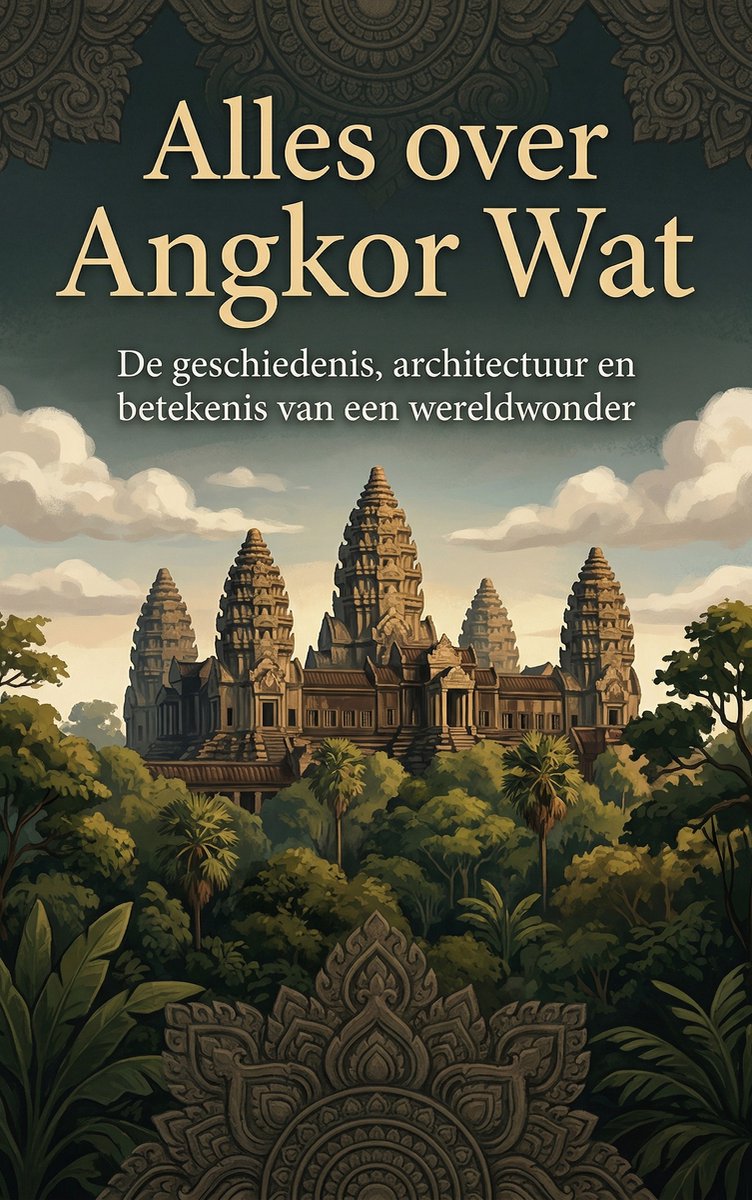 Boekomslag 'Alles over Angkor Wat', met een gedetailleerde illustratie van de tempels van Angkor Wat, omringd door weelderig groen en een bewolkte lucht.