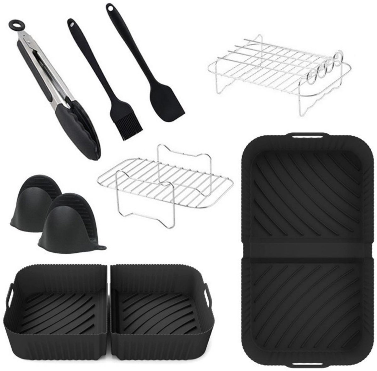 EXCITAT 10 Stuks Accessoires voor Friteuses - Siliconen Airfryer Onderdelen - Geschikt voor Ninja AF400 AF500 - Geschikt voor Dual Zone 10L Twinfry - Herbruikbare Bakjes, Rosters en Manden - Siliconen Set