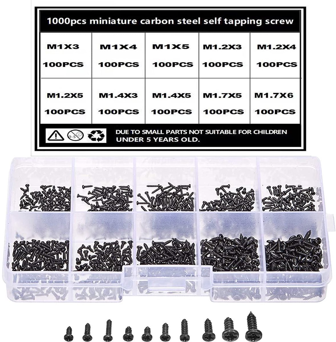 KARZO 1000 Stuks Mini Zelftappende Schroeven - Kleine Zwarte Schroeven - Micro M1 M1.2 M1.4 M1.7 - Voor Brillen, Horloges, Telefoons, Camera's, Laptops, enz.