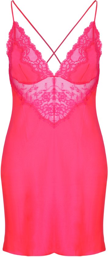 Roze slipdress met kanten V-hals en verstelbare bandjes.