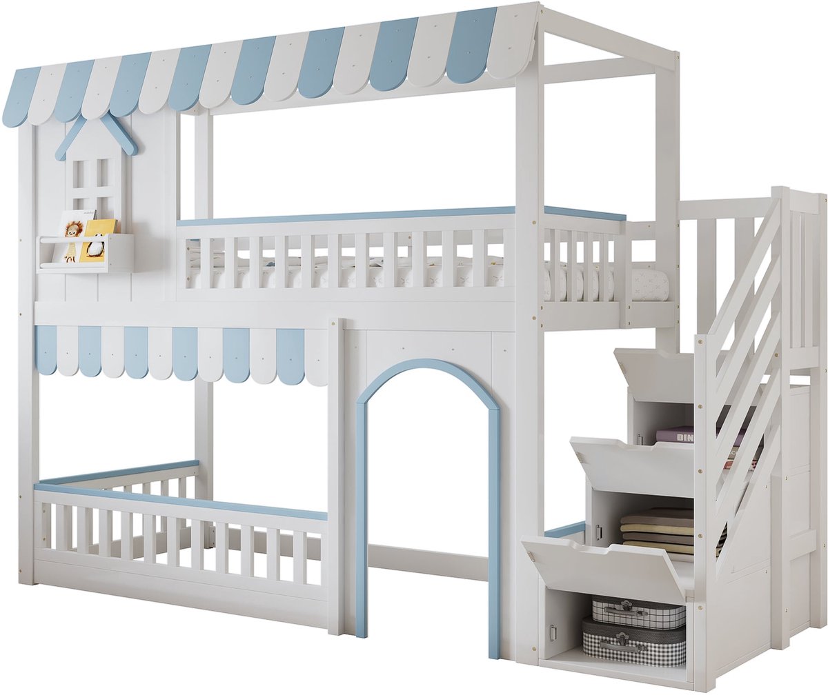 Merax Hoogslaper voor Kinderen 90x200 - Bed in Huisvorm - met Trapkast en Opbergruimte - Hout - Wit met Blauw