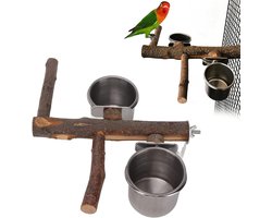 Voederhuisje voor vogels 22 cm met houten standaard en RVS tray, ideaal voor kleine en middelgrote parkieten, valkparkieten en andere vogels