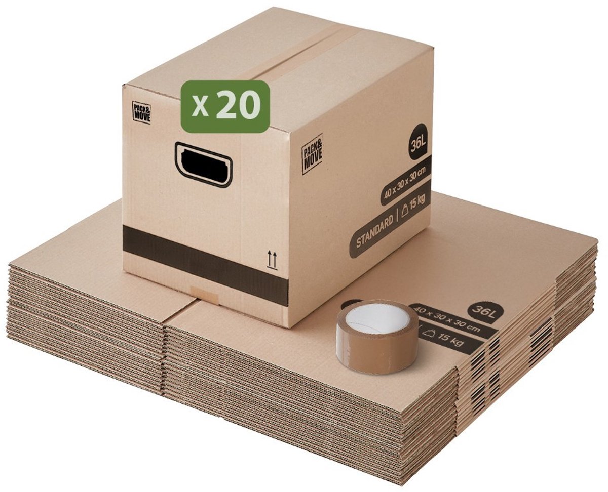 Pack and Move - Set 20 verhuisdozen opslag boeken - 40 x 30 x 30 cm - Versterkte handgrepen - 1 tape gratis