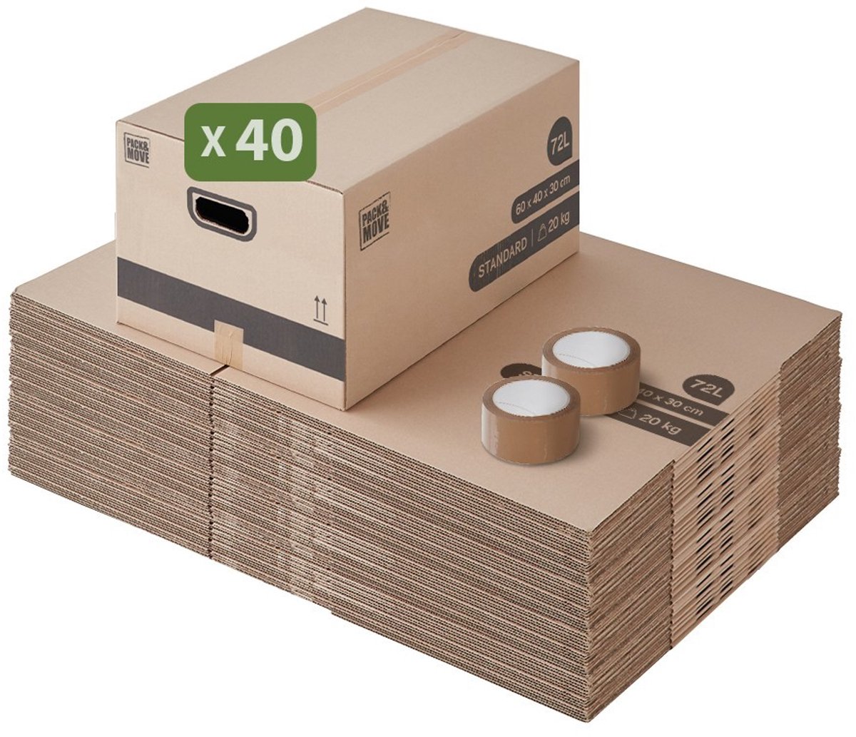 Pack and Move - Set 40 verhuisdozen M - 60 x 40 x 30 cm - Versterkte handgrepen - 2 tapes gratis