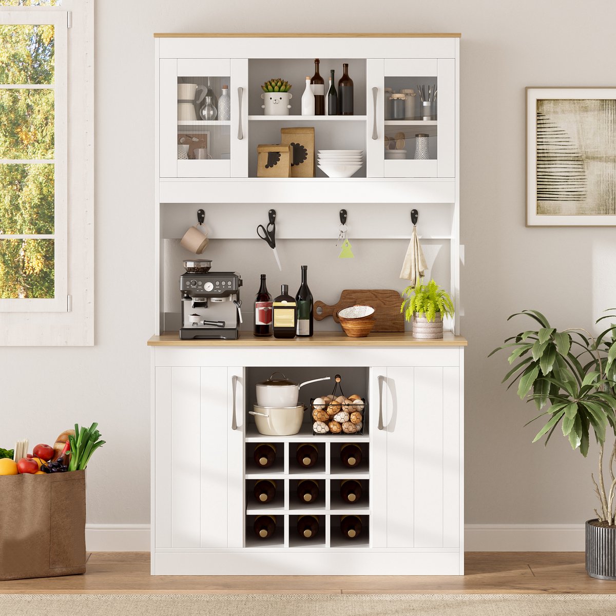 Keukenkast - 106x39x175 Cm Met Glazen Deuren, Wijnrek En Haken - Buffetkast Voor Keuken, Eetkamer Of Woonkamer