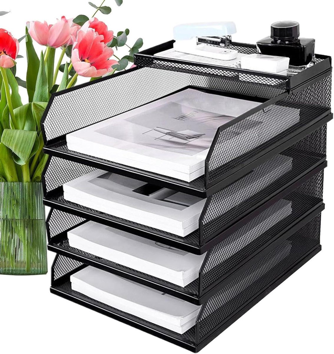 Papier Organizer - Documentenbak Bureau - Bureau Organiseren - Mesh Ventilatie Structuur - Vier Lagen - Zwart