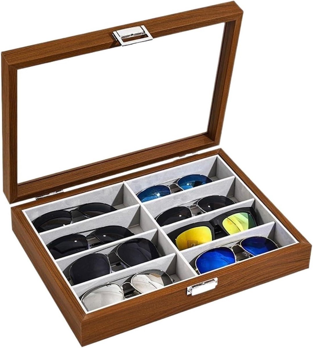 Brillenstandaard Display - Zonnebril Organizer - Collectie Tonen - Hout en Acryl - 8 Sleuven - Grijs