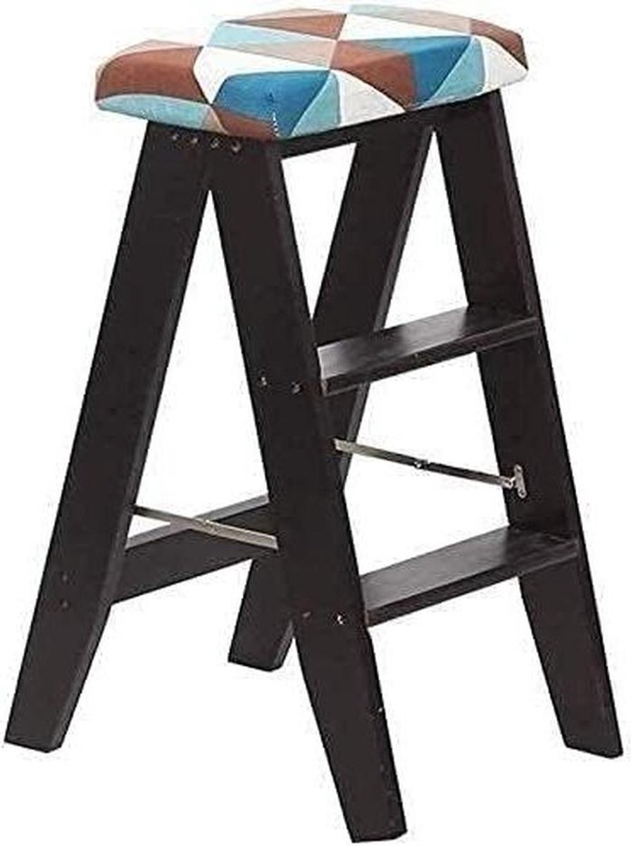 Opstapkruk 3 treden - Houten ladder - Huisklusjes uitvoeren - Opvouwbaar en stevig - H64 cm - Zwart