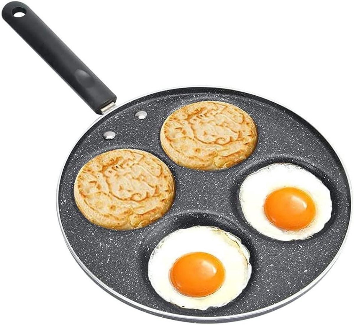 Koekenpan 4 Gaten - Gebakken Ei Pan - Ontbijt Maken - Antiaanbak Laag - 24 cm Diameter - Zwart