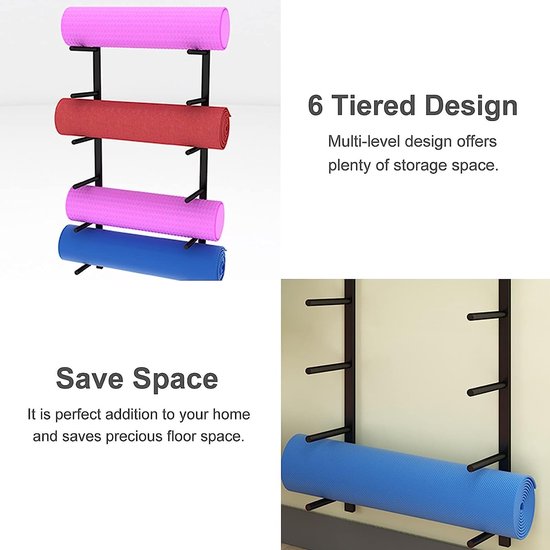 Yogamathouder Muur - Mattenrek Fitness - Ruimte Organiseren - Voor 6 Yogamatten - 18 cm Diep - Zwart — afbeelding 2