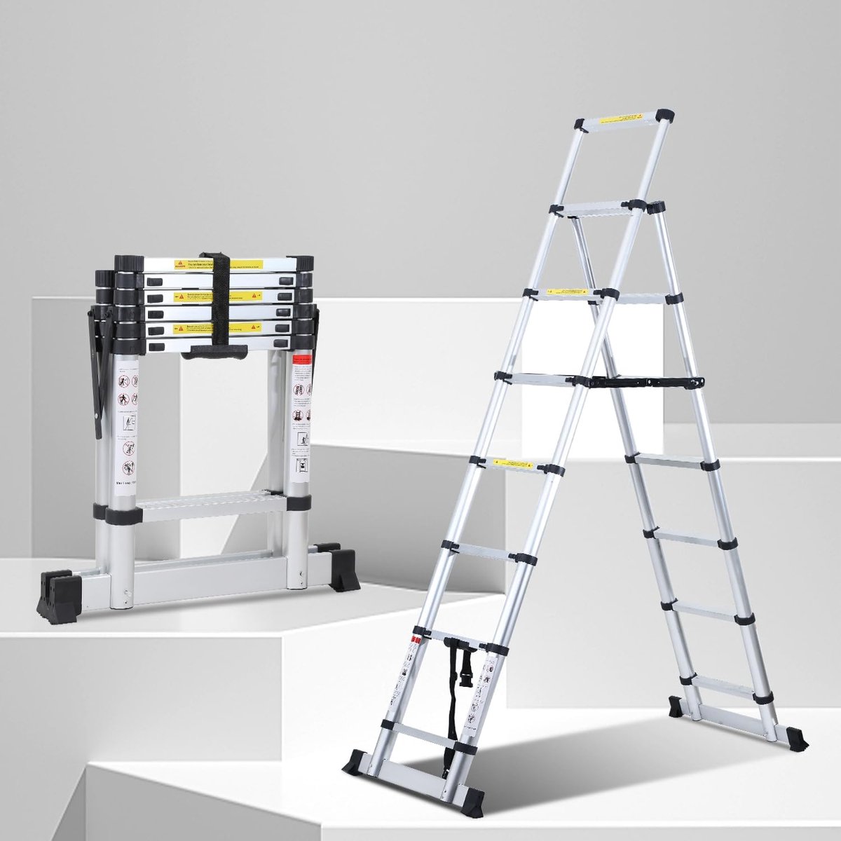 Telescopische Ladder - Opvouwbare Klimhulp - Huishoudelijk Werk - Stabiliteitsbalk - 3.7 Meter - Zilver