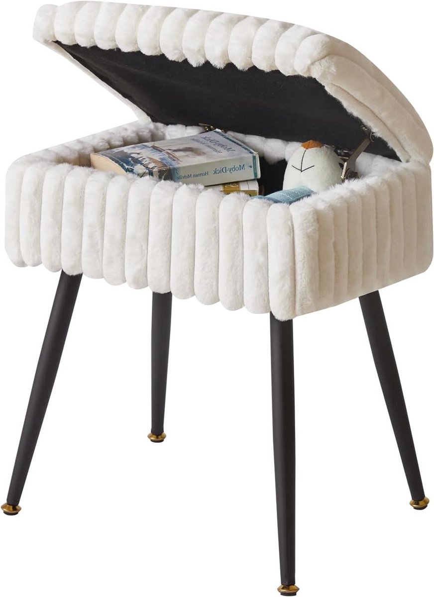 Kaptafel Kruk - Make-up Poef - Kamer Decoratie - Verborgen Opbergruimte - 42 x 31 x 46 cm - Wit