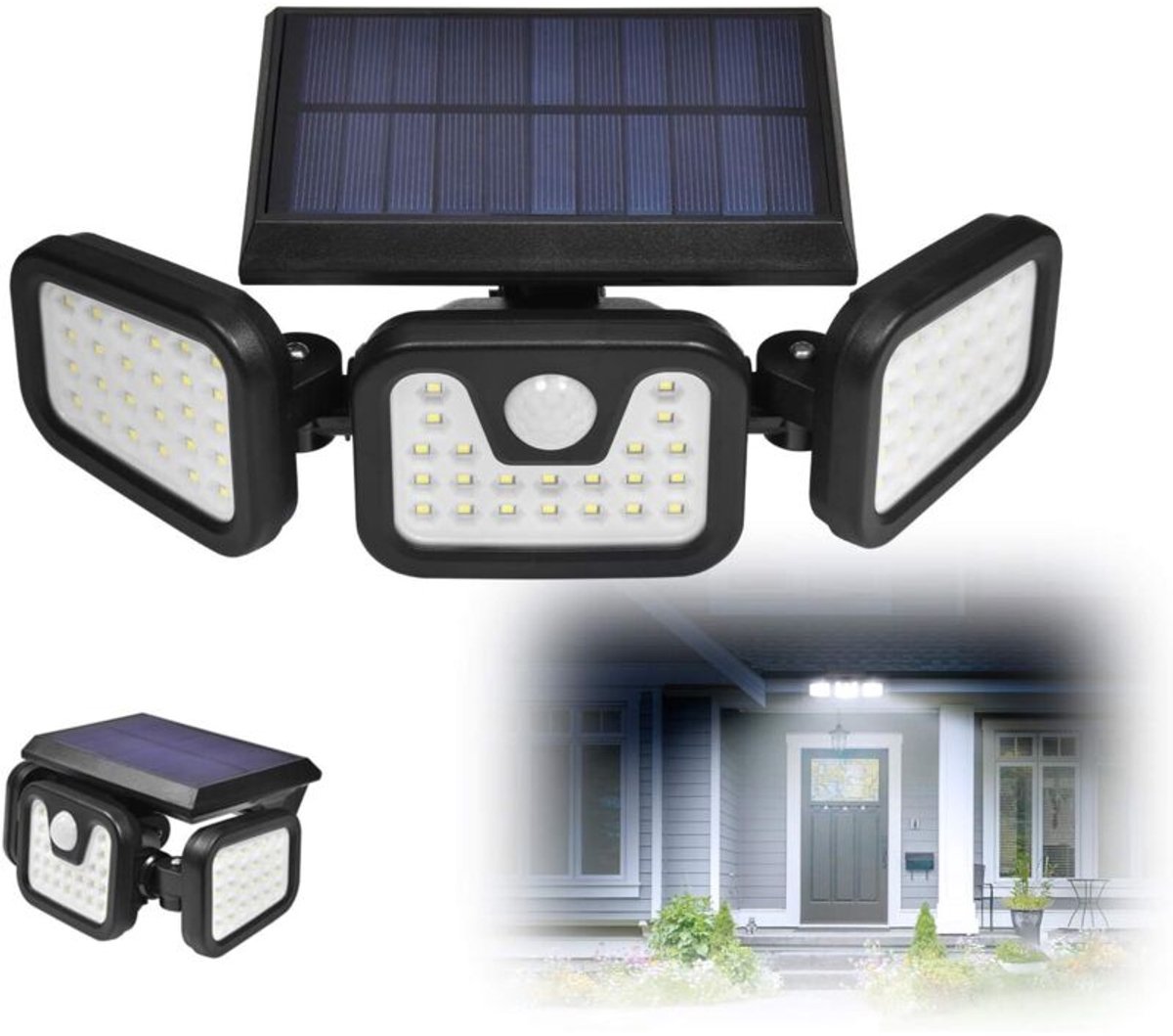 Op zonne-energie werkende beveiligingslamp geschikt voor 3 draaibare lampkoppen, 74 LED-lampjes, bewegingssensor, 550 lumen lichtopbrengst, waterdicht, geschikt voor opritten, terrassen, garages en trottoirs.