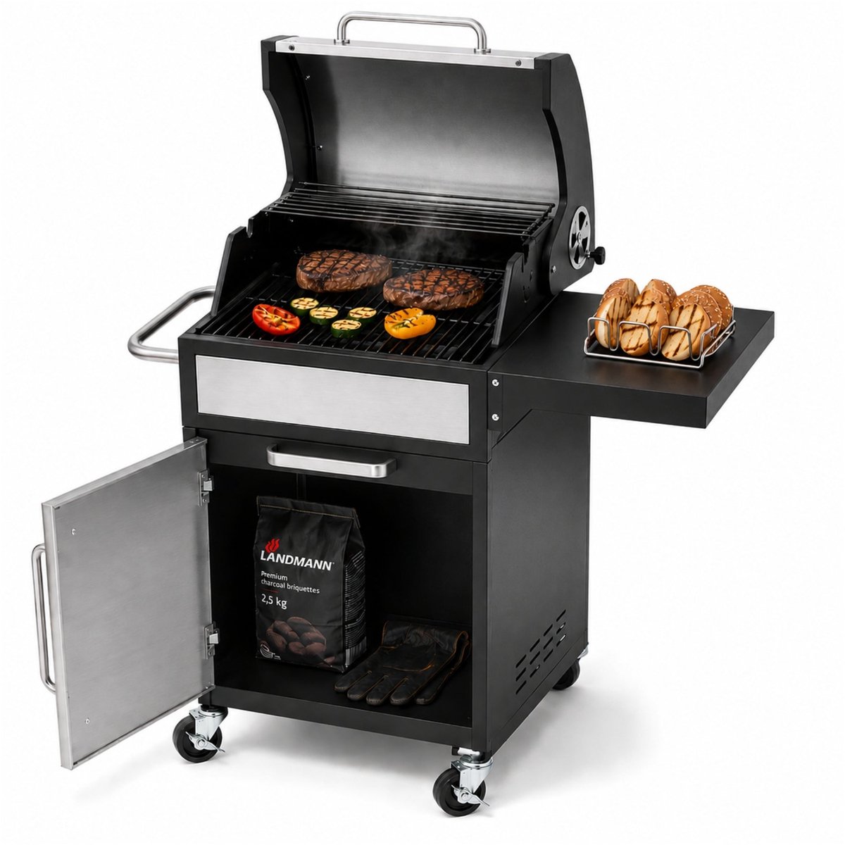 HoutskoolBBQ Grillchef by Landmann Silver Wagon Zilver / Zwart Houtskoolbarbecue met dubbelwandige deksel met thermometer, geÃ«mailleerd gietijzeren grillrooster en warmhoudrek, zilver/zwart