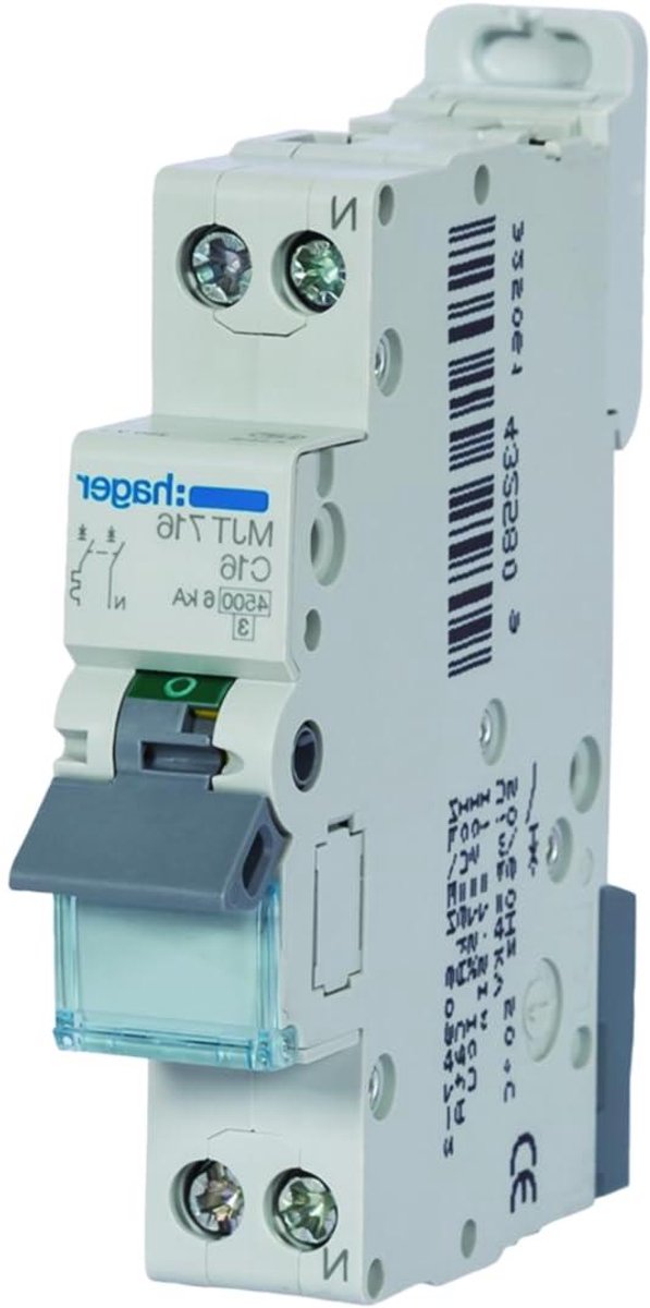Stroomonderbreker - Zekering Automaat - Terreurbeveiliging - C-curve 4.5kA - 1 module - Grijs