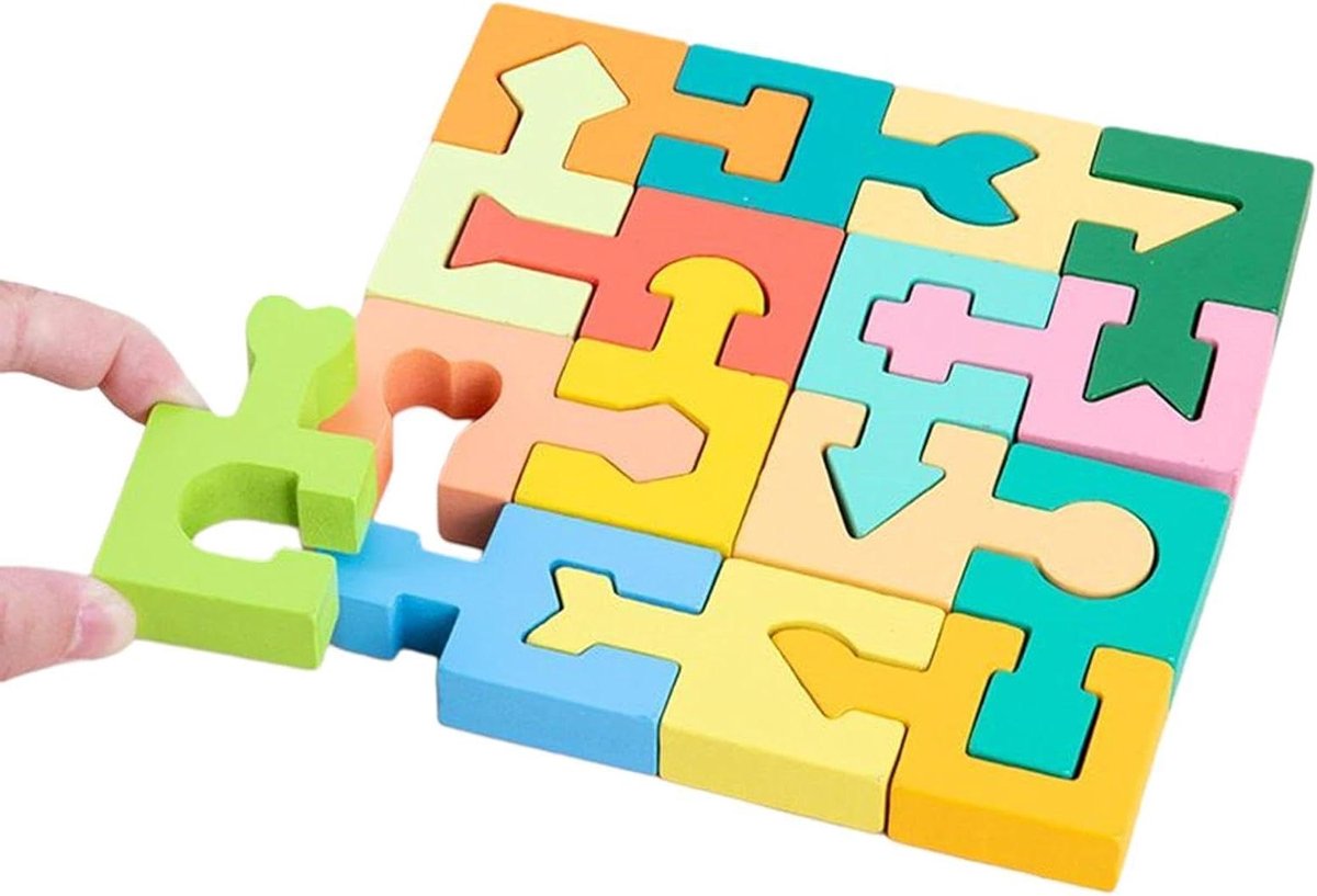 Houten Puzzel - Vormensorteerder Puzzel - Cognitieve Ontwikkeling - 16 Geometrische Vormen - 16.4 x 11.9 cm - Veelkleurig