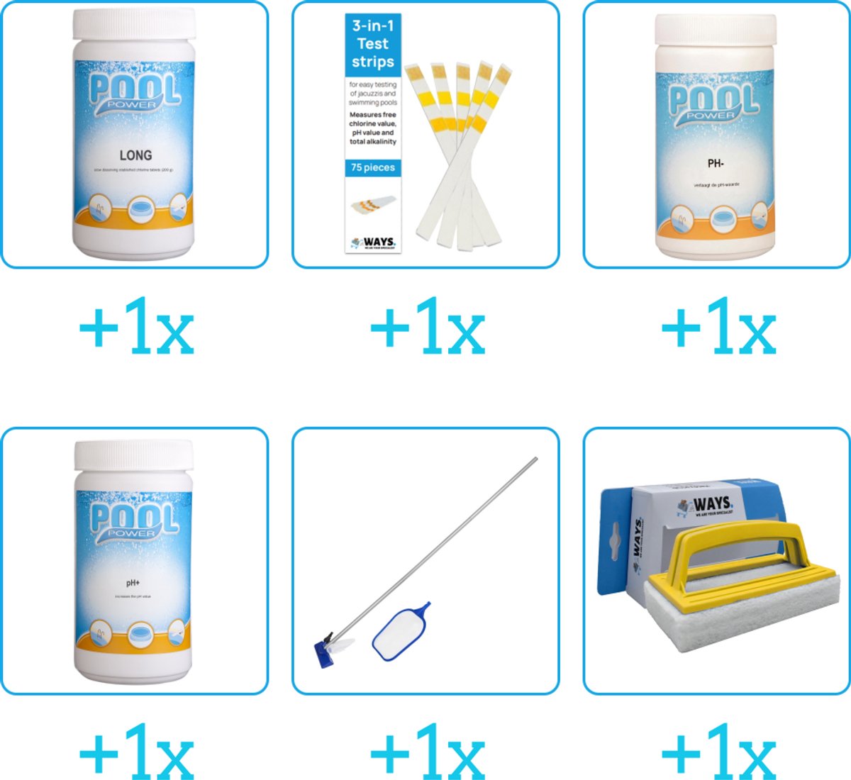 Zwembad Onderhoudspakket - Onderhoud Zwembad - bevat Chloor - Testrips - PH-min - PH-plus - Schoonmaakset en Scrubborstel (6-delig)