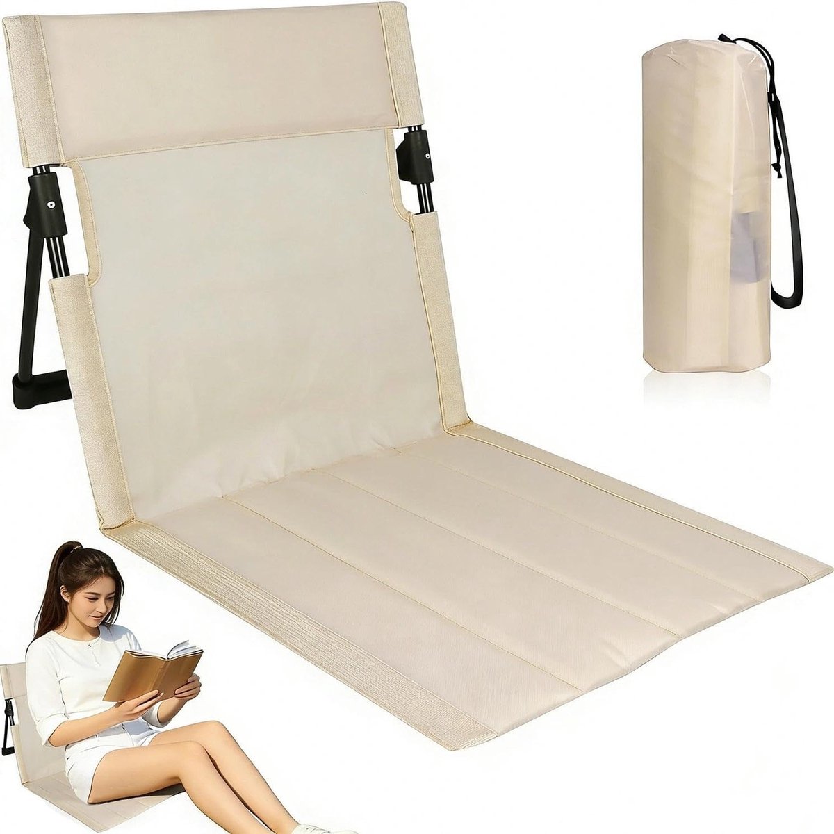 Lichte Strandstoel met Rugleuning, Aluminium Frame en Draagtas voor Picknick, Vissen en Wandelen, Comfortabele Buitenstoel in Crème