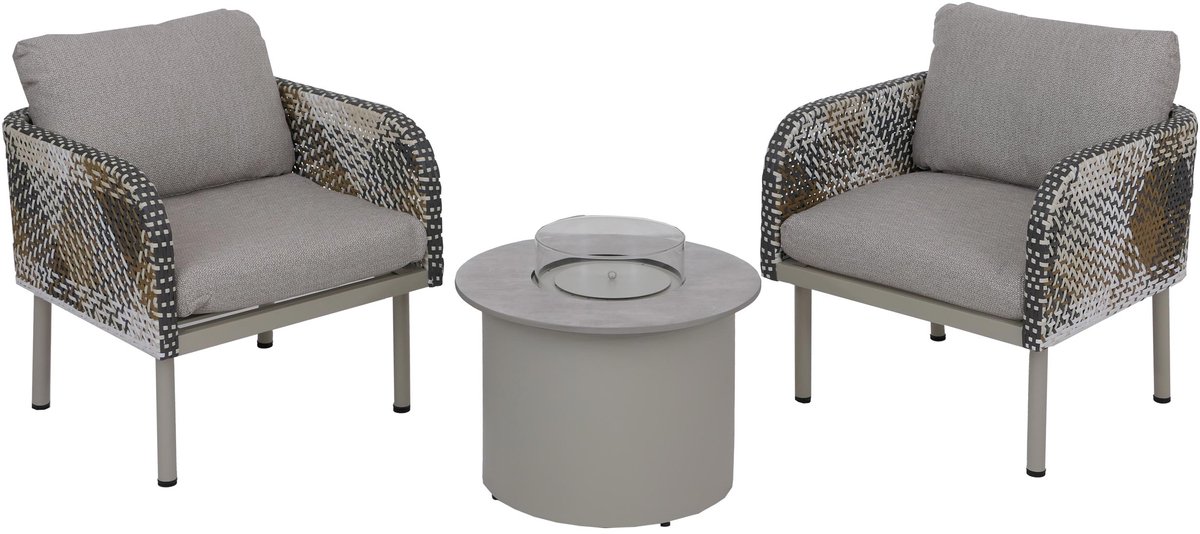 Polyrotan garnituur MCW-P80, loungeset tuinstoel, tafelhaard bio-ethanol vuurkorf aluminium stof 220 g/m² ~ crème-beige