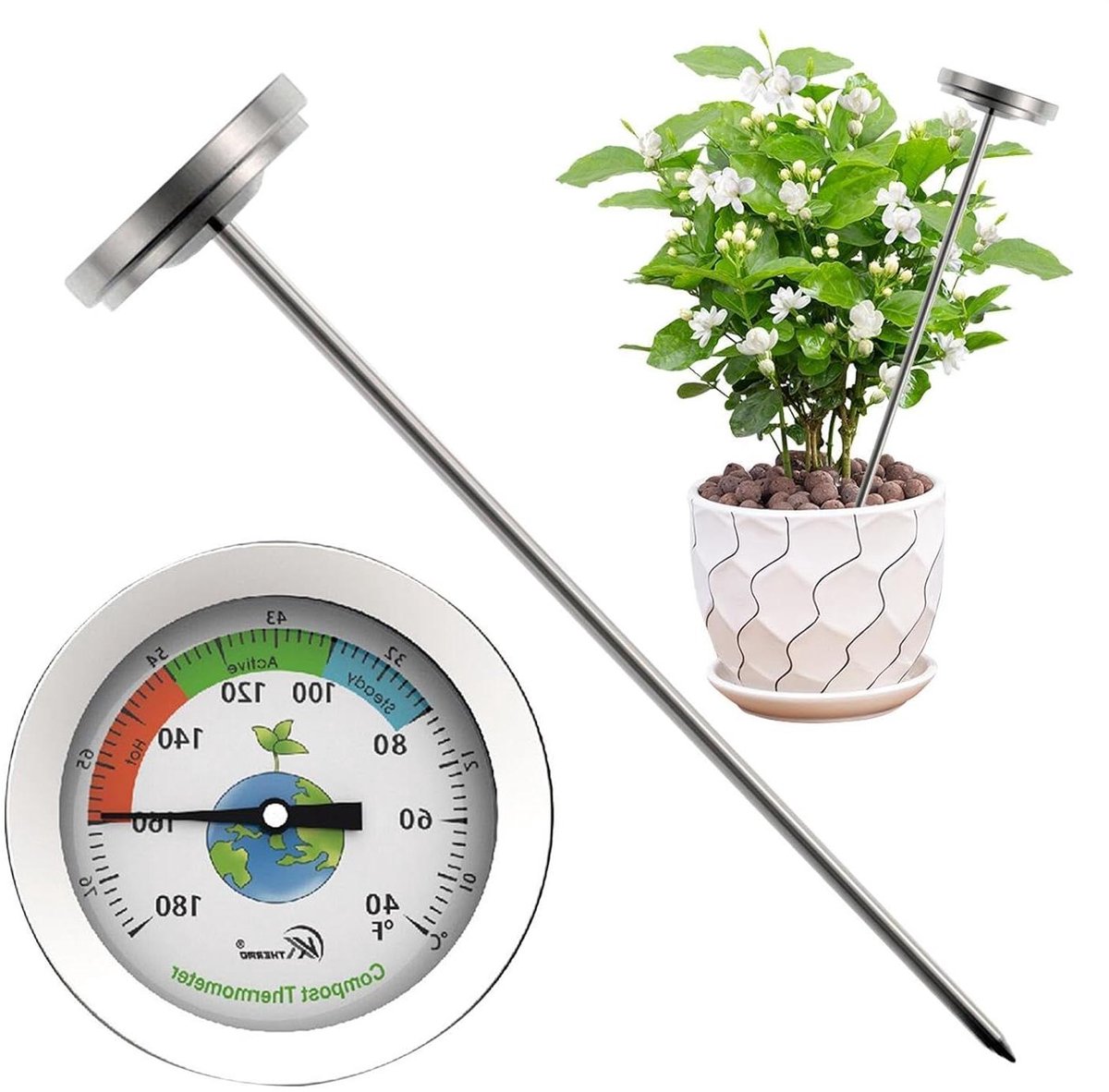 Bodemtemperatuurmeter - Tuin thermometer - Bodem meten - Roestvrij staal - 20 cm diep - Zilver