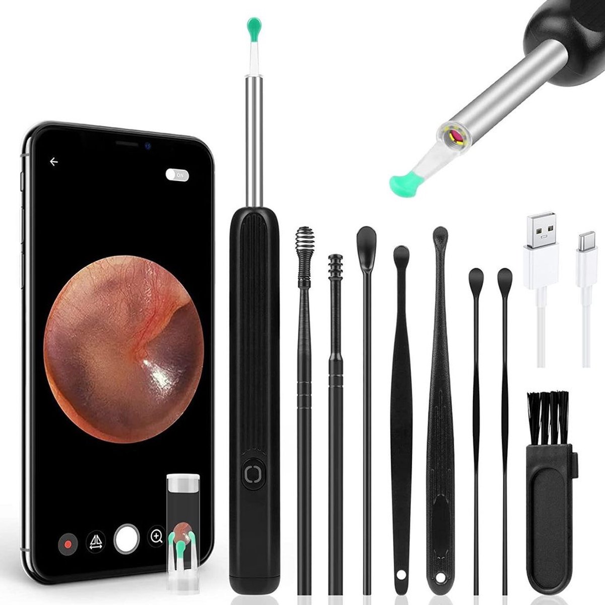 Oorwasverwijderaar met otoscoop, high-definition LED-camera, draadloze oorreinigingsset voor iOS en Android, waterdicht.