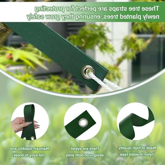 Dailygoods- Boomsteunriemen 12 Stuks - Zware Groene Nylon - Verstelbare Weerbestendige Banden - Doorvoergaten - Flexibel en Duurzaam - Ondersteuning voor Bomen - Plantenbanden van Dailygoods — afbeelding 2
