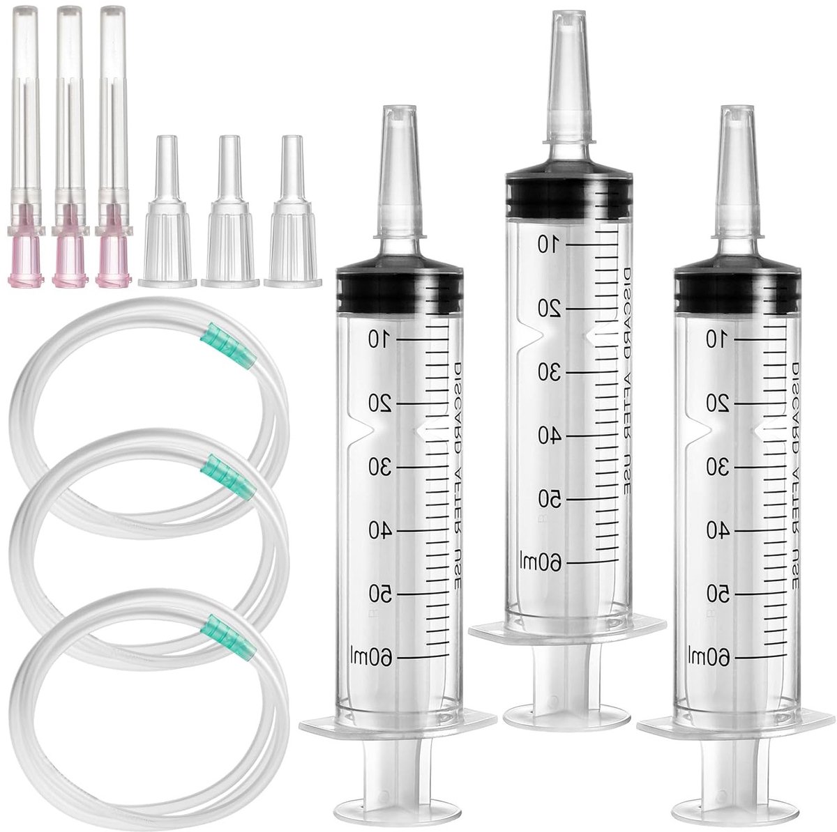 Set van 3 herbruikbare steriele spuiten van 60 ml met slang, stompe naald en doseerspuit voor laboratoriumdieren, plantbewatering en precisietoepassingen