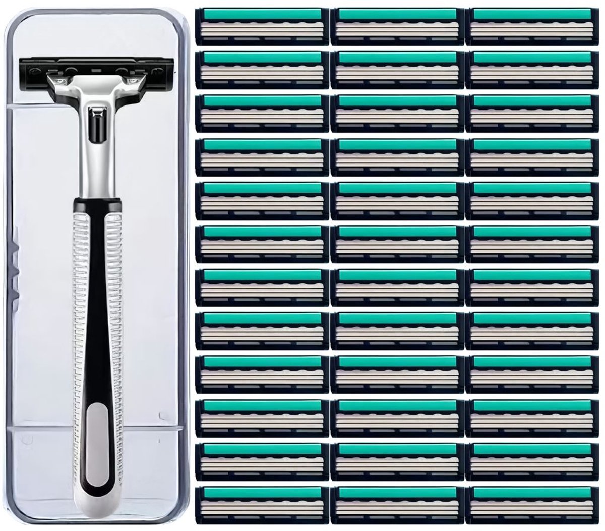 Scheerapparaat, nat scheerapparaat met glijstrip, precisiescheerapparaat met 36 mesjes, 1 scheerapparaathouder, 1 etui voor de scheerapparaathouder
