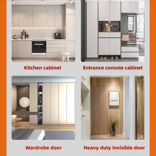 Vier voorbeelden van kastdeuren: keuken, entree, kledingkast en zware verborgen deur.