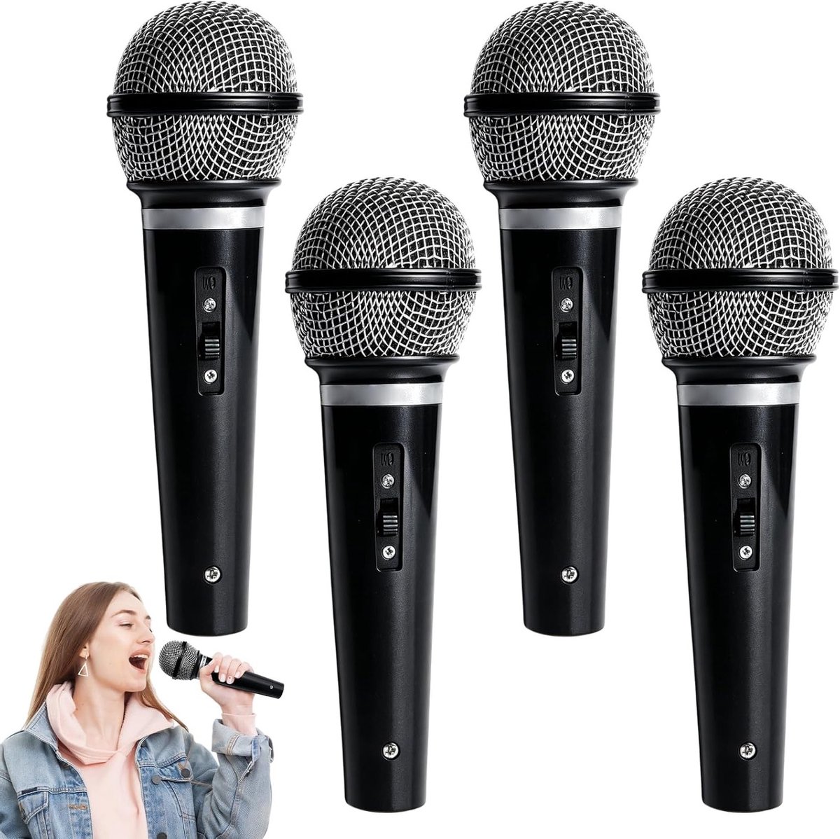 Grappige set van 4 nep-microfoons voor kostuums, podiumaccessoires en theateracts