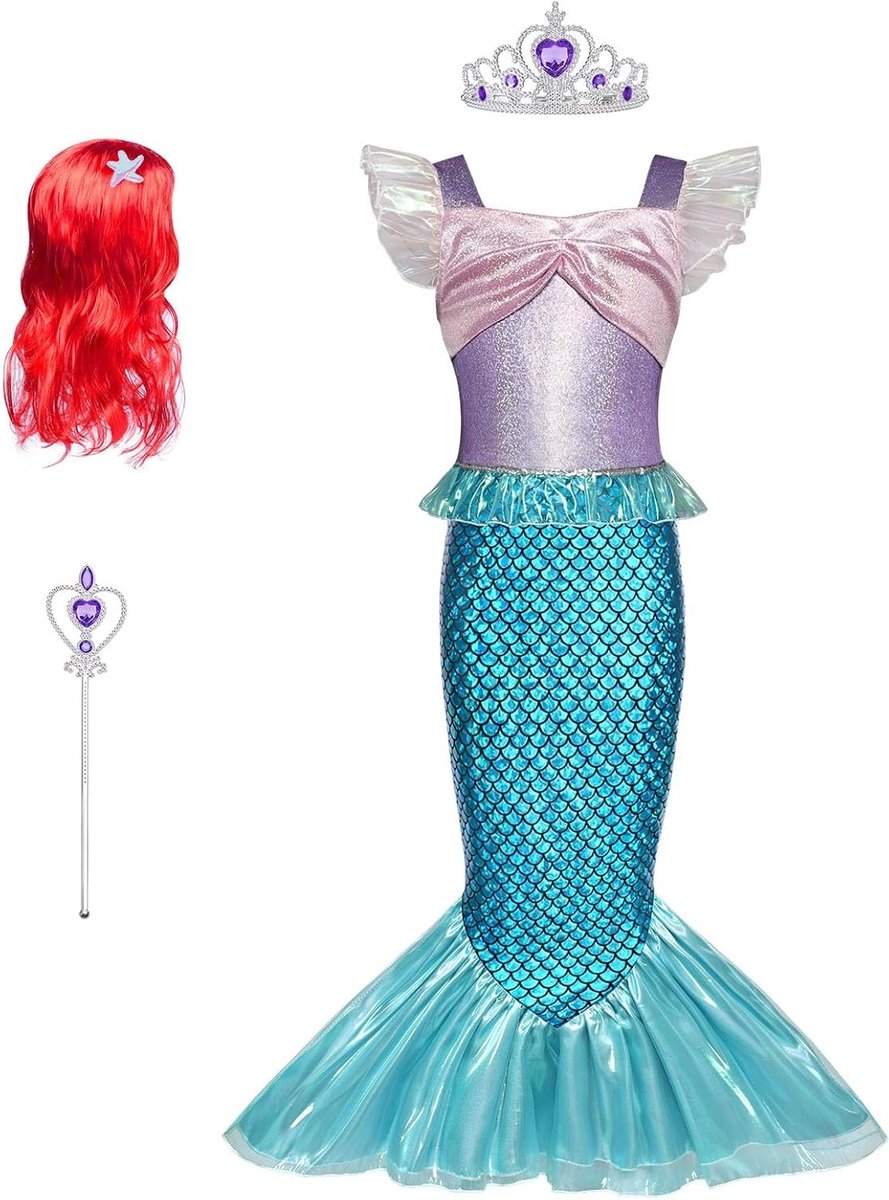 Betoverende Zeemeermin Kostuum voor Meisjes met Vlindermouwen, Paars Prinsessenjurk, Rode Perücke, Kroon en Wandelstok voor Carnaval en Halloween 110-150cm