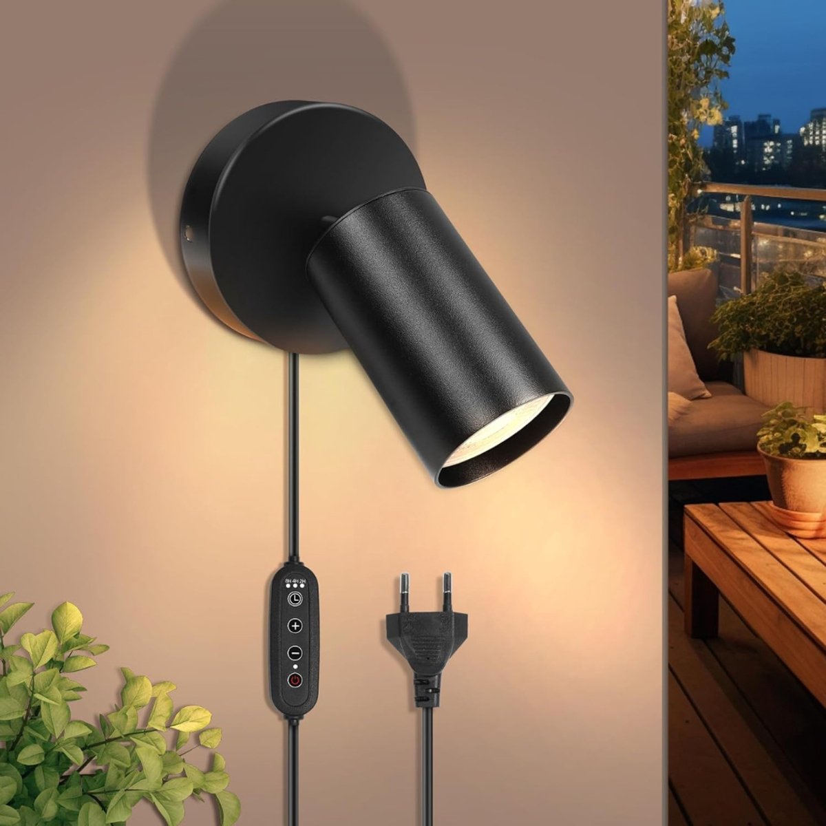AHD® Wandlamp Binnen met Snoer - Wandlamp - Wandlamp Binnen - draaibaar 350 graden - met timerfunctie - Zwart - 16cm x 12cm x 12cm