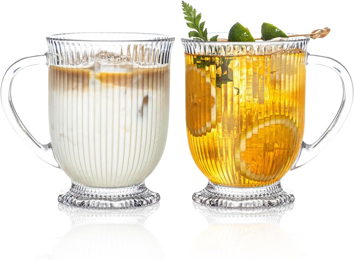 JeiibrZui Geribbelde Glazen Mokken Met Handvat - 480ml - 2 Stuks - Voor Koffie, Thee En Matcha Latte