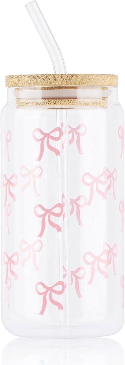 JeiibrZui Glasbecher Set - 473 Ml - 1 Stuks Met Houten Deksel En Gebogen Glazen Rietje - Roze - Esthetische Koffiebeker Voor Vrouwen Meisjes Vriendinnen - Ideaal Voor Ijskoffie Thee Smoothies En Feestelijke Cadeaus