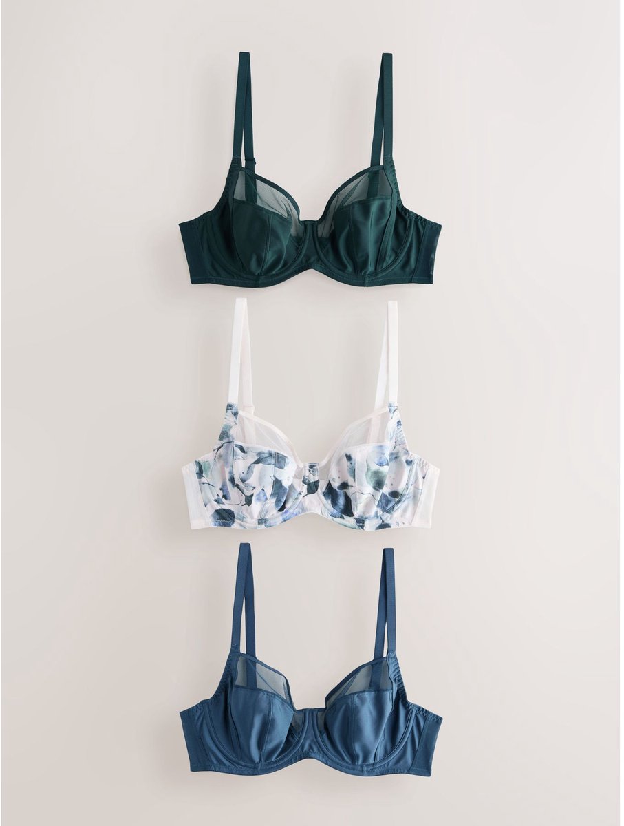Next Dames - Set van 3 DD+ beha's zonder vulling met volledige cups en ondersteuning aan zijkant - Blauw Green/Navy Print