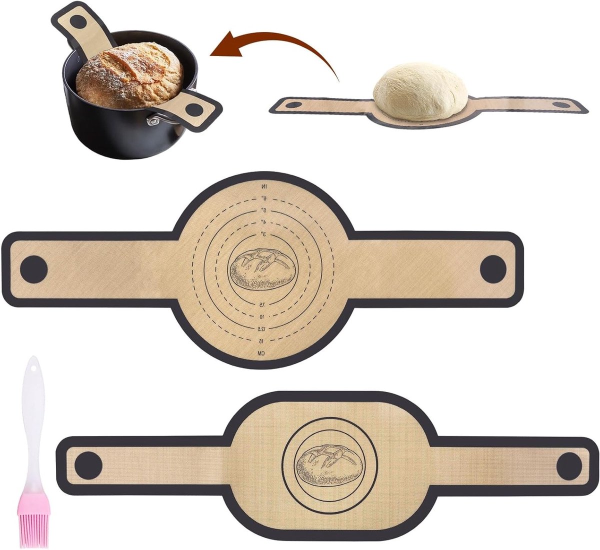 Herbruikbare Siliconen Bakmat voor Brood met Lange Handvatten en Broodhaak, Inclusief Borstel voor Dutch Oven, Geschikt voor Ovaal en Rond Brood, Antiaanbaklaag, Makkelijk Schoon te Maken, Ideaal voor Deeg en Ovengebruik