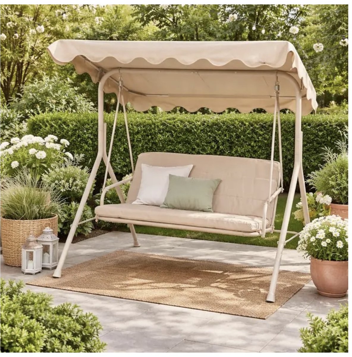 Schommelbank met Zonnescherm in Crème – Comfortabele 3-zits Tuinbank met Stevig Frame (158 x 113 x 151 cm)