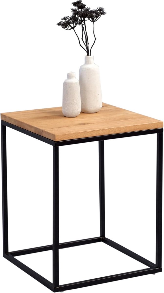 Bijzettafel Hout Metaal - Salontafel Hoektafel - Woonkamer Inrichting - Massief Geolied Hout - 40x40x52 cm - Zwart Mat